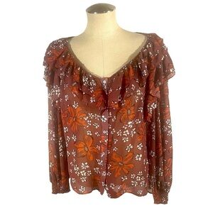 Free People Brown/Rust Floral Ruffle Peasant Blouse Size S